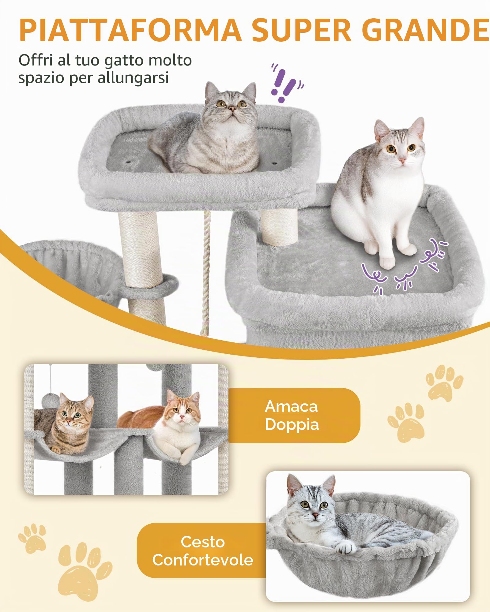 Hzuaneri Albero Gatto 200 cm Extra Large, Tiragraffi con 2 Cucce e 10 Sisal, Torre Resistente per Gatti Grandi Maine Coon, Include 2 Amache, Grigio Chiaro MS20018LG