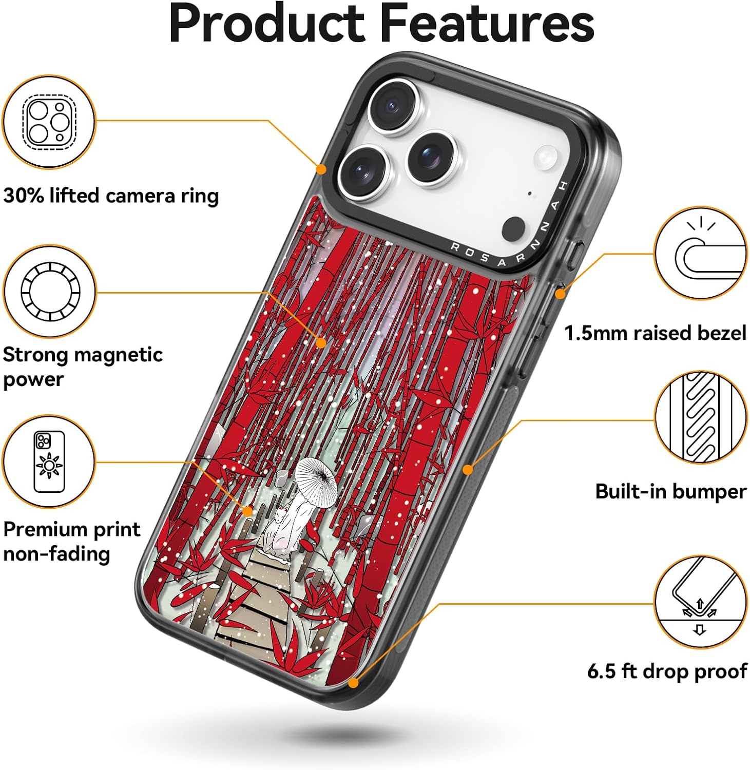 Rosarnnah for iPhone 17 Pro Case Cute - Compatible with Magsafe - Durable Shockproof 6.6 ft Drop Impact Phone Case - Funny Red Bamboo Design (6.3") Black