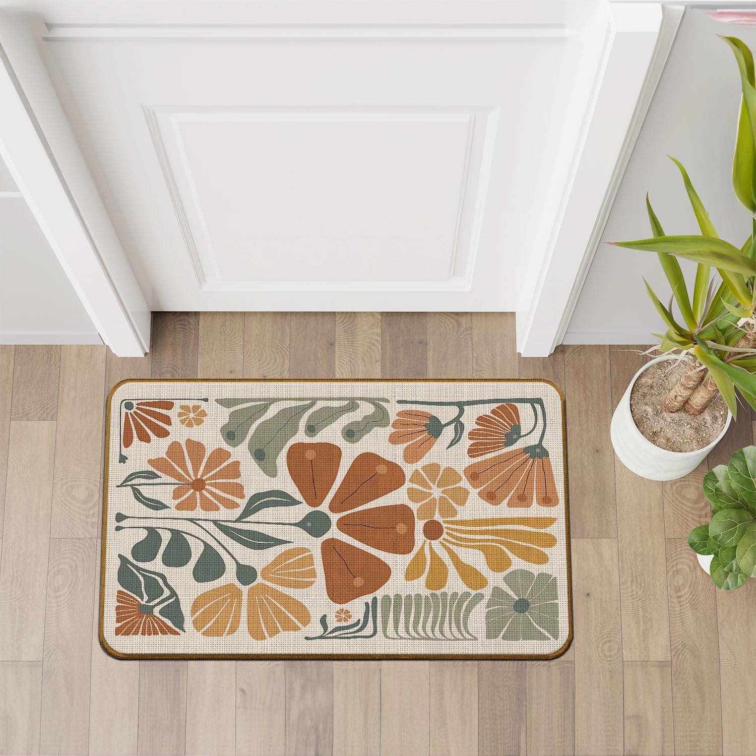 Abstract Boho Floral Doormat, Groovy Retro 70s Floral Non-Slip Door Mat for Front Door Porch Indoor Outside Entrance Entryway, Boho Botanical Plant Welcome Mat, 17x30 Inch