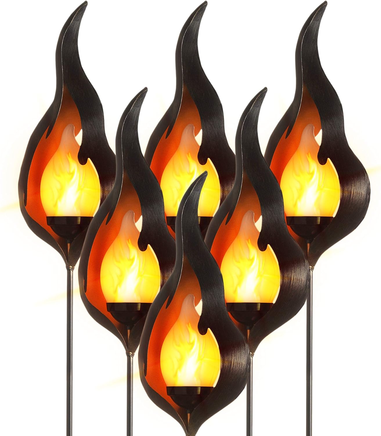 Original Treasures 70 Inch Metal Solar Flickering Flame Torches - Dancing “TruFlame” Bulb - 8 Hours Per Charge. Waterproof, Dusk to Dawn Auto On/Off – Durable Outdoor Yard Lights (Fire 6 Pack)