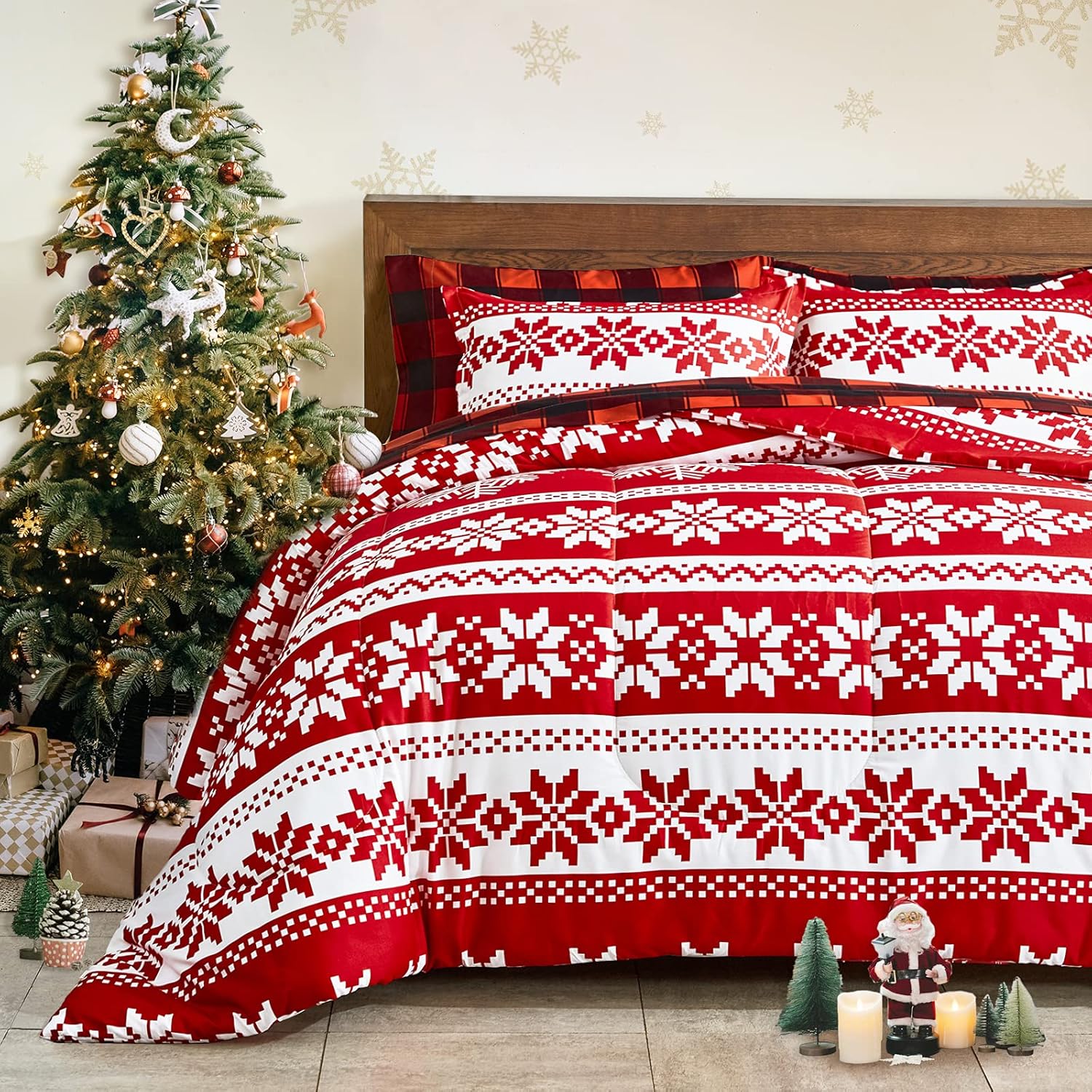 Christmas Bed in a Bag 7 Pieces Red Snowflake King Size Comforter Set Holiday Style - Soft Microfiber Reversible Bed Duvet Set (1 Comforter 2 Pillow Shams 1 Flat Sheet 1 Fitted Sheet 2 Pillowcases)