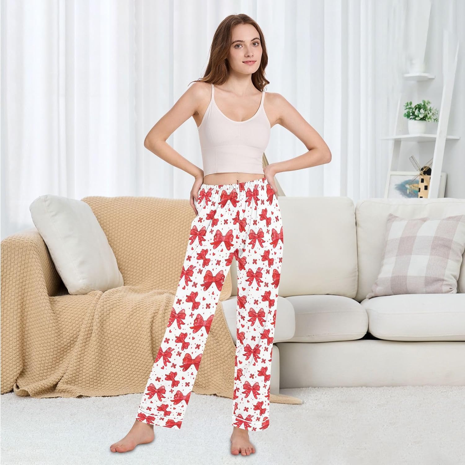 Pajama Pants Women Red Bows and Flowers Soft Sleep Lounge Pj Bottoms with Pocket S-XXL