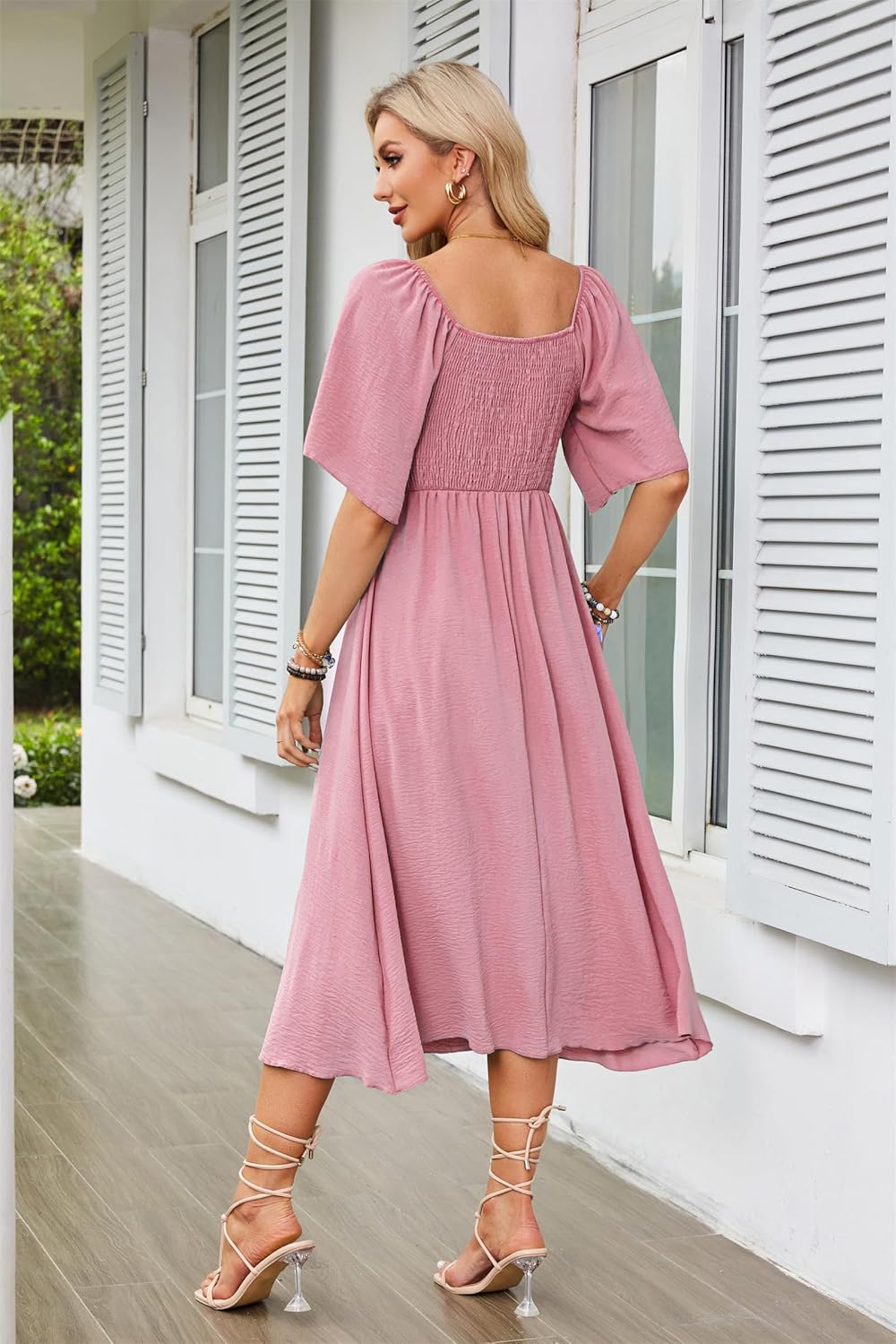 GOLDSTITCH Summer Dress for Women 2025 Casual Short Sleeve Bow Tie V Neck Smocked High Waist A-Line Flowy Midi Dress - Image 4