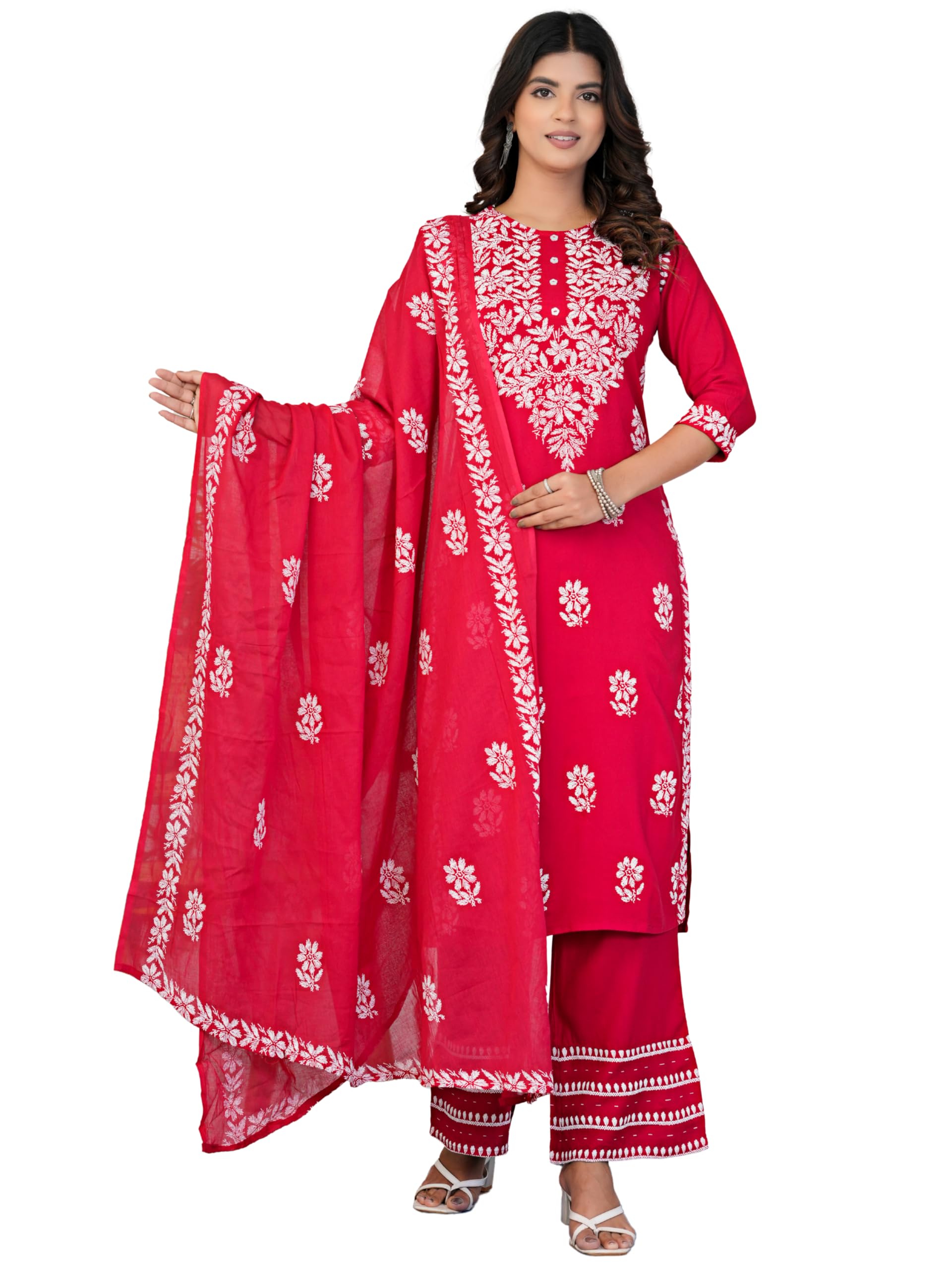 Yash Gallery Women’s Rayon Printed 3-Piece Kurta Set with Dupatta & Pants |Straight Fit Ethnic Wear | Floral Printed Design | Festive, Office & Casual Wear | Not Embroidered