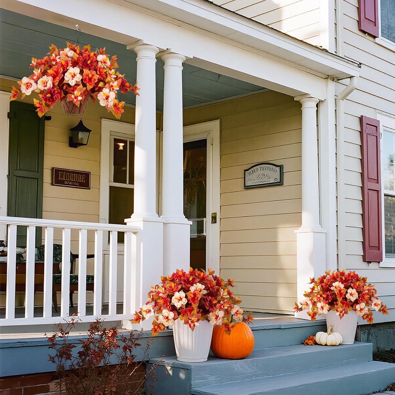 Fake Fall Flowers Artificial for Outdoors Decoration, 2PCS Faux Fall Flowers for Outdoor Planters, Autumn Hibiscus UV Resistant No Fade for Home Porch Patio Garden Balcony Yard Indoor Decor - Image 3
