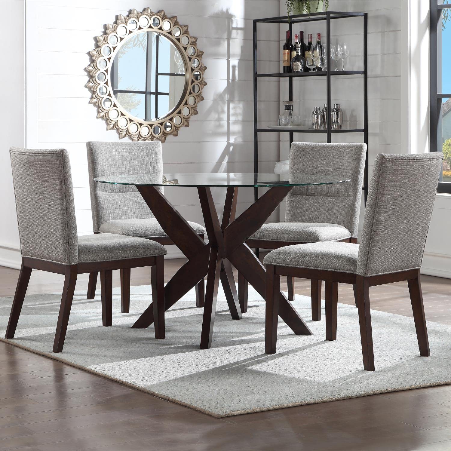 Steve SilverCo Amalie 5pc Dining Set, 48" Round Tempered Glass Top, Contemporary Architectural Pedestal Base, Upholstered Dining Chairs, Dining Room, Kitchen, 48" L x 48" W x 30" H, Brown