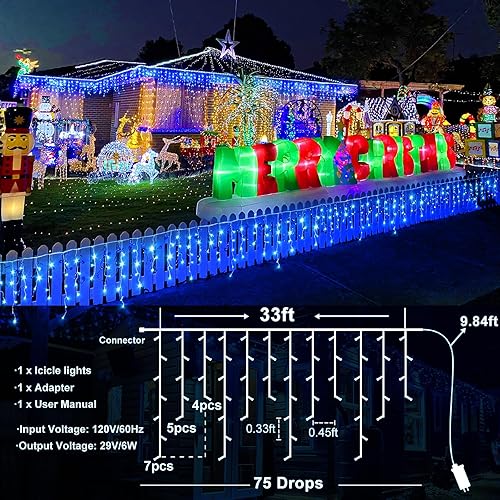 Miniatura 5 de Luces de Navidad de carámbano para exteriores, 33 pies, 400 luces LED de carámbano para exteriores, luces parpadeantes para interiores con 8 modos
