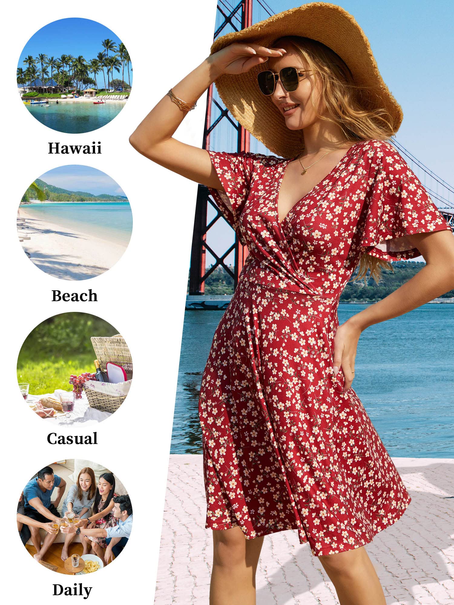 FENSACE Womens Sundress Summer Floral Short Sleeve Wrap V Neck A-Line Midi Dress - Image 5