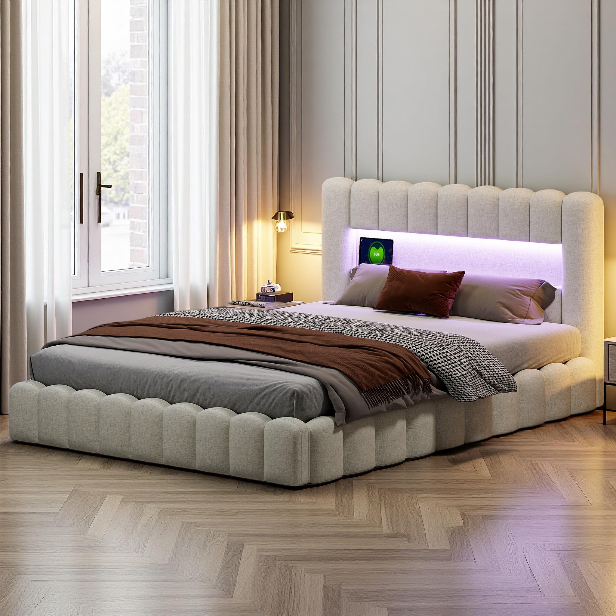 Letto imbottito 160 x 200 cm con contenitore, letto matrimoniale 160x200 baule con LED,Spazio utile,Letto Idraulico con Rete a Doghe e Telaio in Metallo, Senza Materasso (Beige, 160x200 cm)