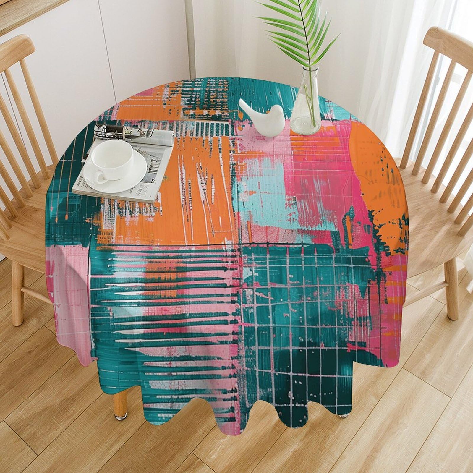 Nappe de table ronde imperméable résistante à l'huile bleu et orange