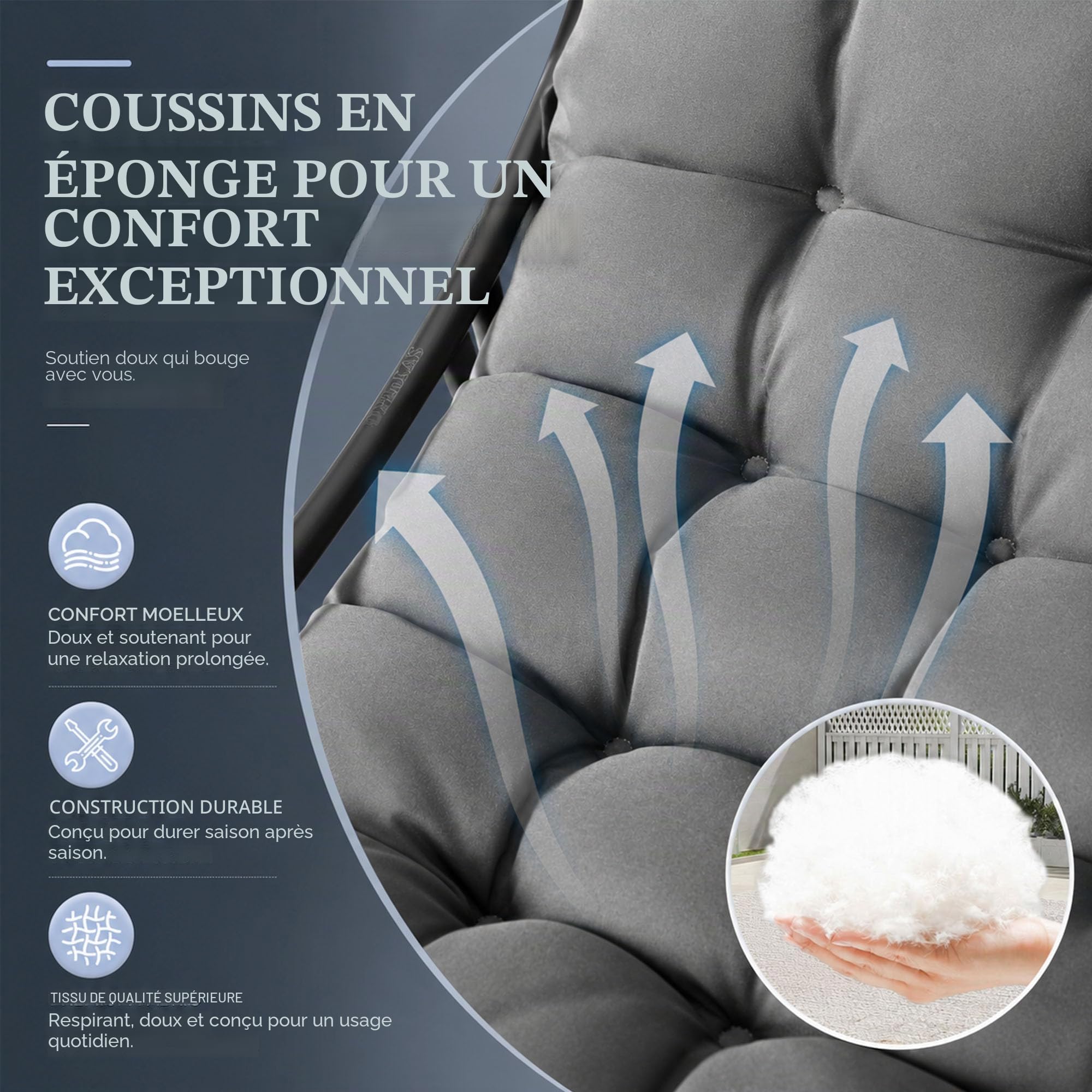 Fauteuil a Bascule avec Repose-Pieds, Chaise a Bascule avec Coussin Rembourré, Charge 150 kg, Cadre en Métal, Rocking Chair en Forme d'Oeuf, pour l'intérieur et l'extérieur Salon, Balcon -Gris