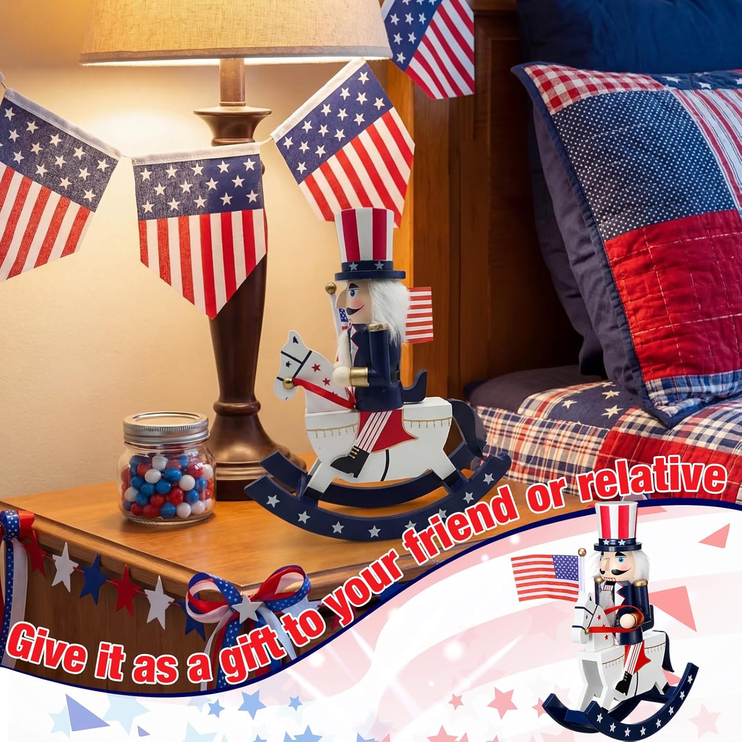 SiliFine 4th of July Nutcracker Patriotic Wooden Nutcracker Figures American Flag Red White Blue Rocking Horse Soldier Independence Day Indoor Tabletop Decorations for 250th Anniversary 8.6x2.9x10 in