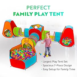 Playz 7pc Kids Play Tent with 1 Big Ball Pit for Babies, 3 Play Tunnel for Toddlers, and 3 Pop Up Tents Playhouse Bundle, Best Birthday Gift for Boys & Girls, Indoor & Outdoor Use Portable Play Center