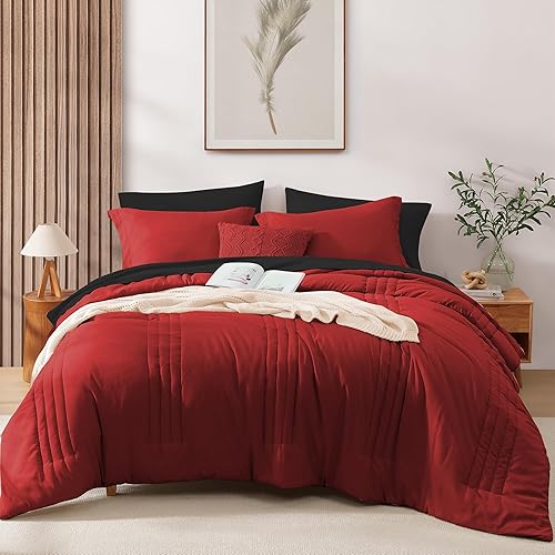 Monbix King Size Comforter Set - 7 Pieces Bed in a Bag King, Bright Red Bedding Sets with Comforter, All Seasons Comforter Bed Set with Sheets, Pillowcases & Shams