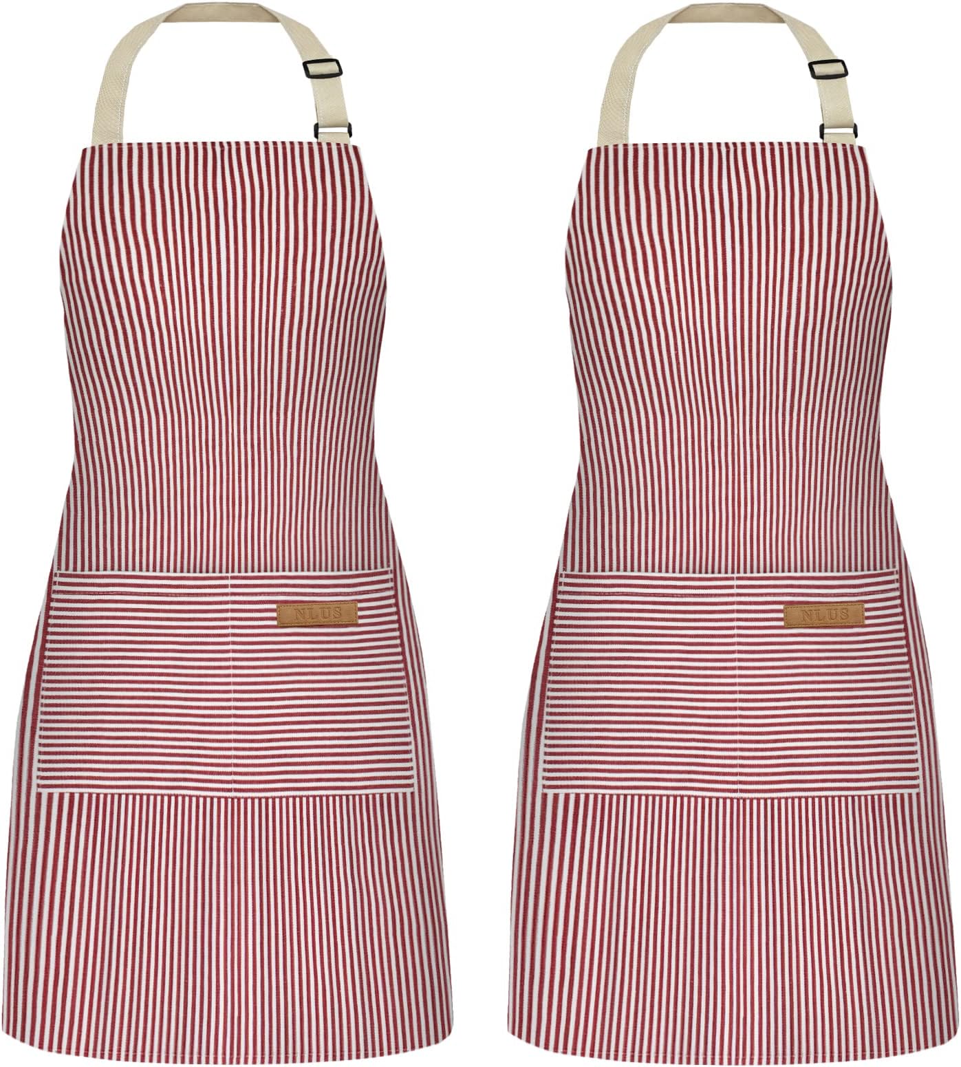 NLUS 2 Pack Cooking Aprons for Women with Pockets, Adjustable Kitchen Bib Aprons Chef Aprons for Women Men(Red Pinstripes)