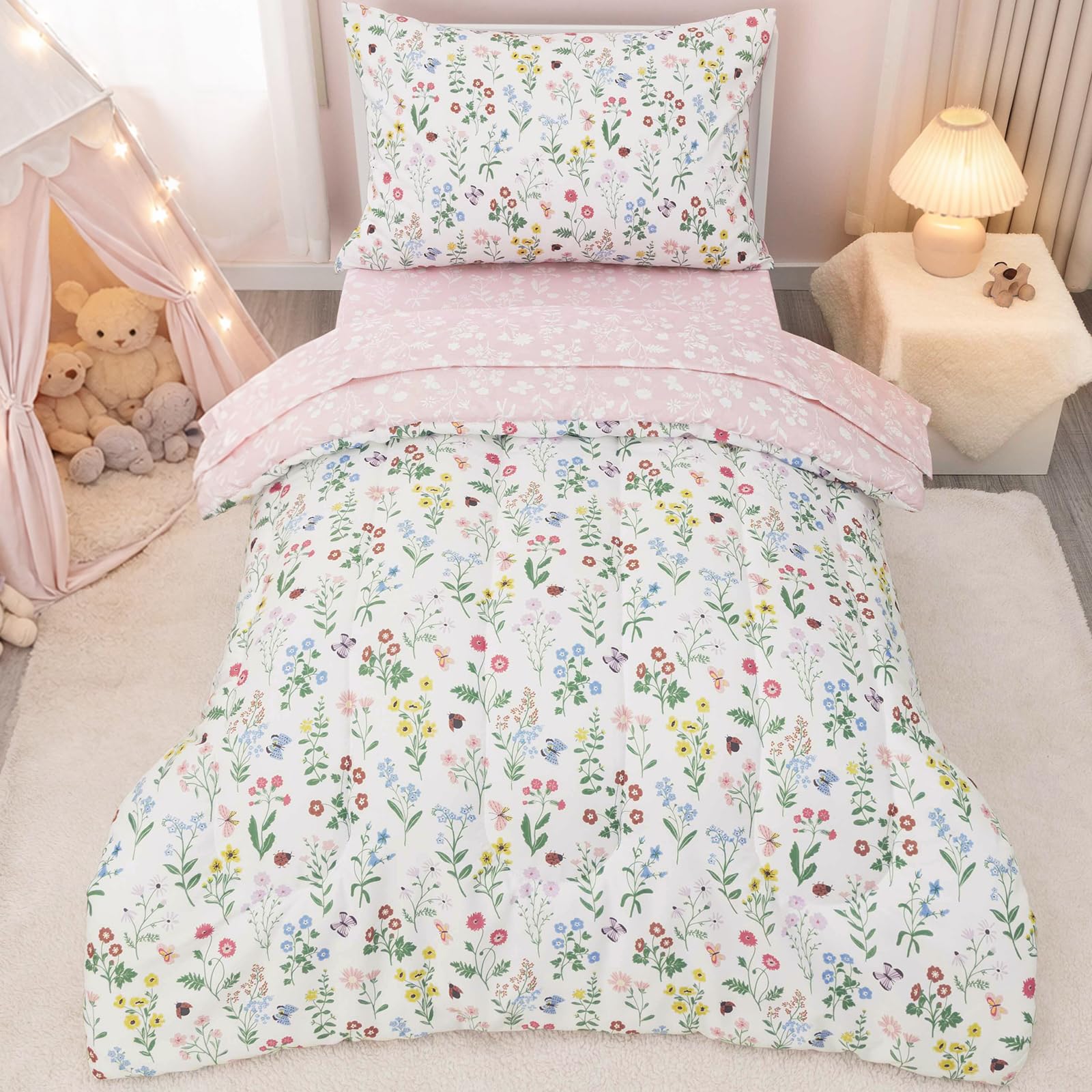 david's kids 4 piece toddler bedding set - soft breathable toddler bedding set for boys girls, includes quilted comforter, flat sheet, fitted sheet and pillowcase, garden