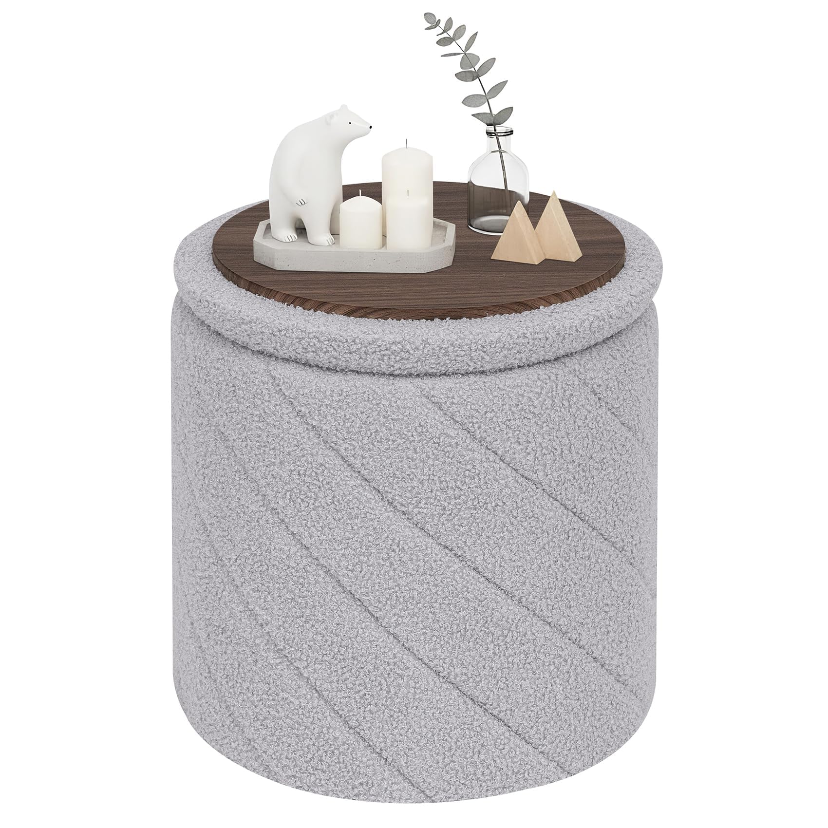 PINPLUS Pouf rotondo con contenitore, poggiapiedi convertibile in morbido bouclé, imbottito e pieghevole, per soggiorno e camera da letto, 33 x 33 x 35 cm, grigio
