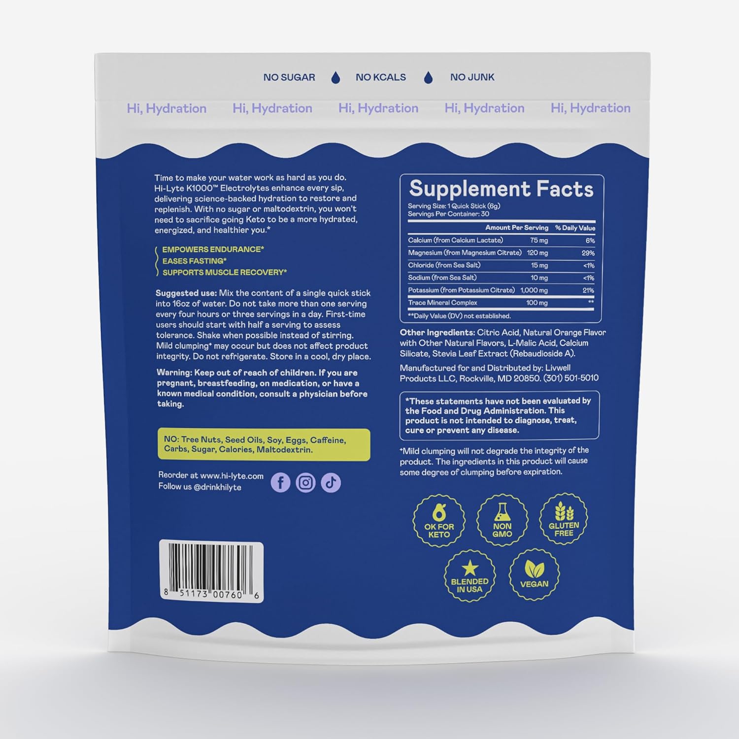 Hi-Lyte K1000 Electrolytes Powder Packets Orange, 30 Servings - 1000mg Potassium + Magnesium, Sodium, Trace Minerals - 0 Carbs, 0 Sugar - Image 5