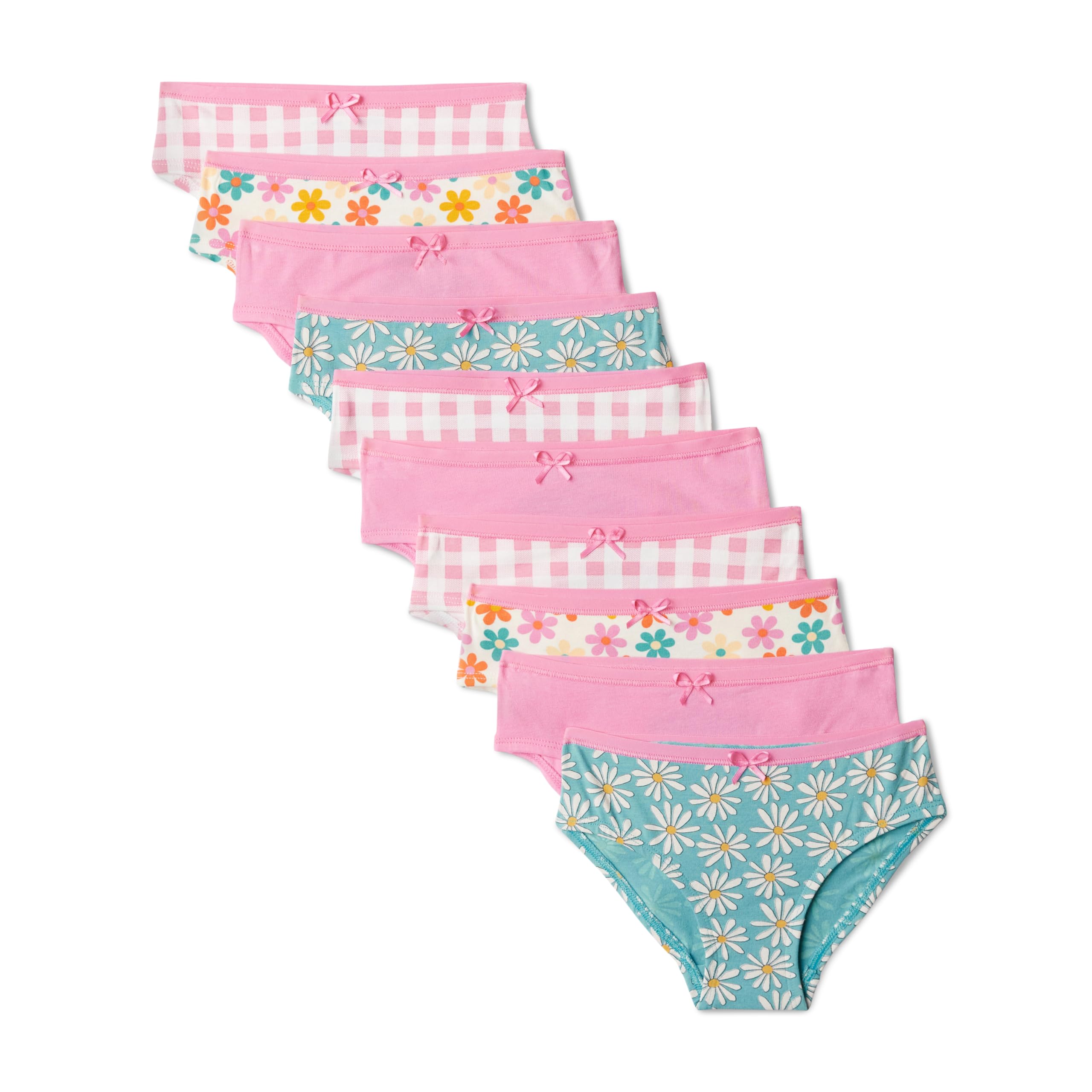 Amazon Essentials Girls' Cotton Jersey Bikini Underwear, Pack of 10, Gingham/ Flower/ Pink, 10