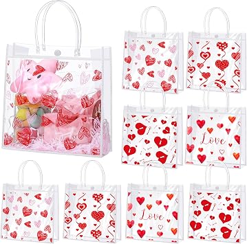 Hosuly 24 Pcs Valentines Clear Gift Bags Reusable Heart PVC Tote Bags with Handles Plastic Valentines Day Candy Treat Goodie Handbags for Wedding Birthday Party Favors Supplies, 7.8 x 7.8 x 3.1 Inch