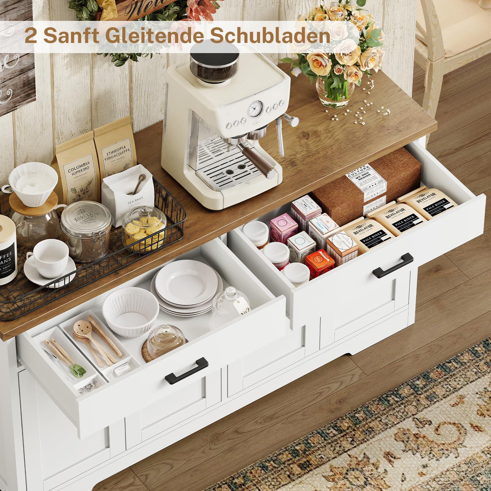 TEENFON 120 cm (B) Sideboard, 80 cm (H) Küchenschrank mit Arbeitsplatte, Buffetschrank mit 2 Schubladen & Verstellbaren Regalen, Küchenzeile für Küche, Wohnzimmer & Flur - 120 x 30 x 80 cm - Weiß