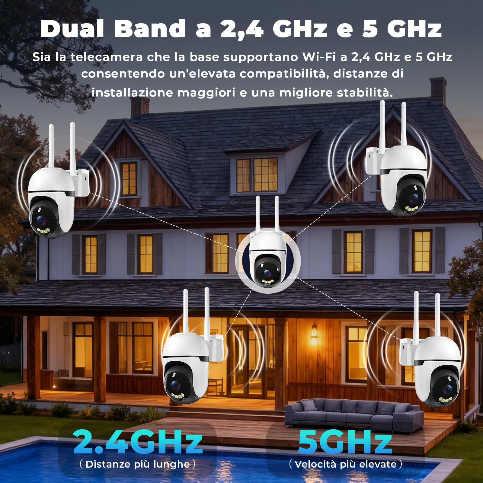 WESECUU - Cámara de vigilancia WiFi exterior, seguimiento automático de 360°, cámara IP compatible con 2.4Ghz/5Ghz, visión nocturna color, detección humana, audio bidireccional, grabación 24H