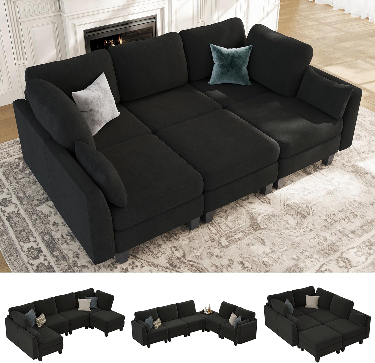 Sectional Sleeper Sofa, 6 Seaters Modular Sleeper Sofa Couch, Comfy Sectionals Couches Bed, Convertible Sofas with Ottomans, Modular Sectional Couches for Living Room, Black