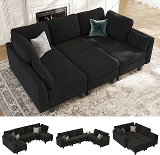 Sectional Sleeper Sofa, 6 Seaters Modular Sleeper Sofa Couch, Comfy Sectionals Couches Bed, Convertible Sofas with Ottomans, Modular Sectional Couches for Living Room, Black