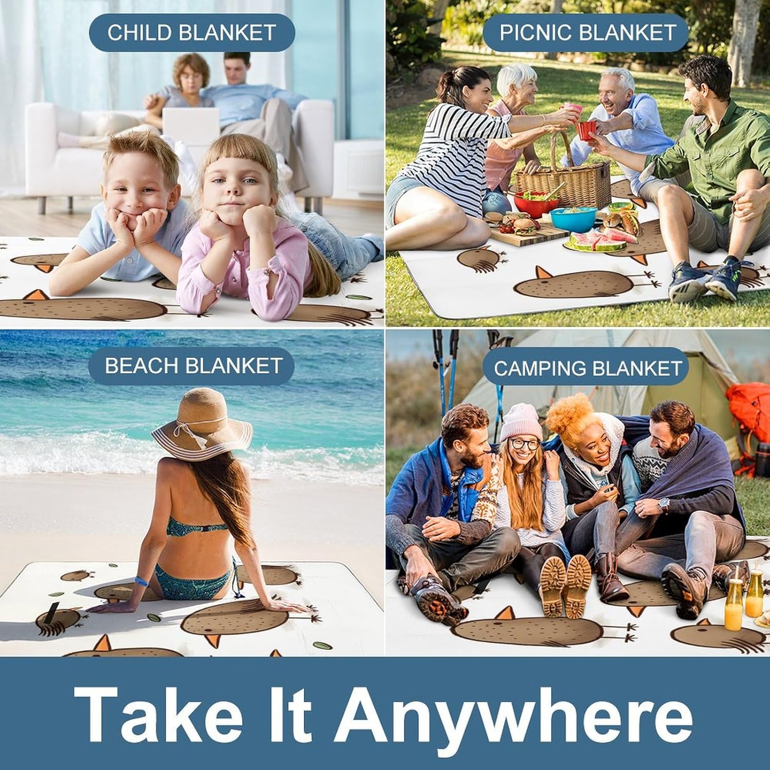 Outdoor Picnic Blanket,Kiwi Birds Cute Print Picnic Blankets,Large Beach Blanket Sand Free Foldable Portable Camping Blanket, 58.3x58.3