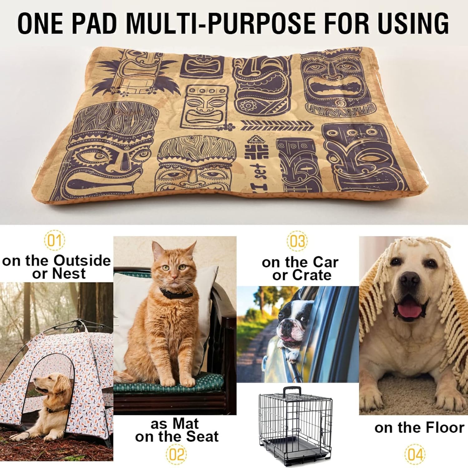 review Retro Aloha Tiki Icons Set Dog Pet Soft Bed Mat Comfortable Mattress, Non-Slip Washable for Puppy Cat Kennel Rectangle Blanket Sleeping Pad 36x24 inch