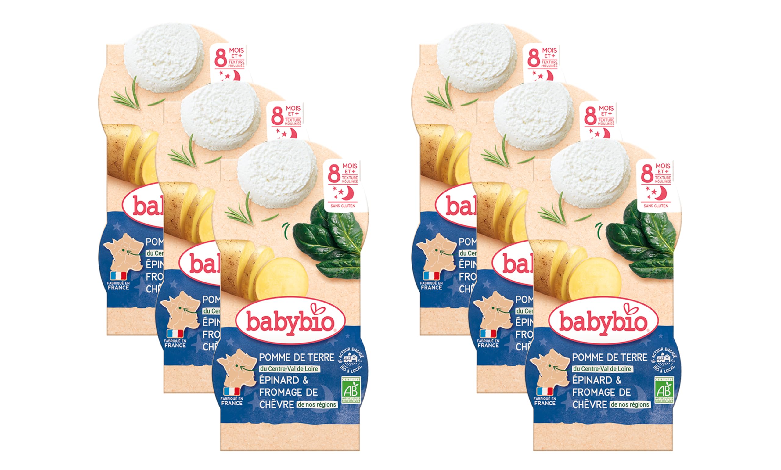 Babybio - Bols Pomme de Terre Epinard Chèvre - BIO - 8+ Mois - 2x200g - Lot de 6
