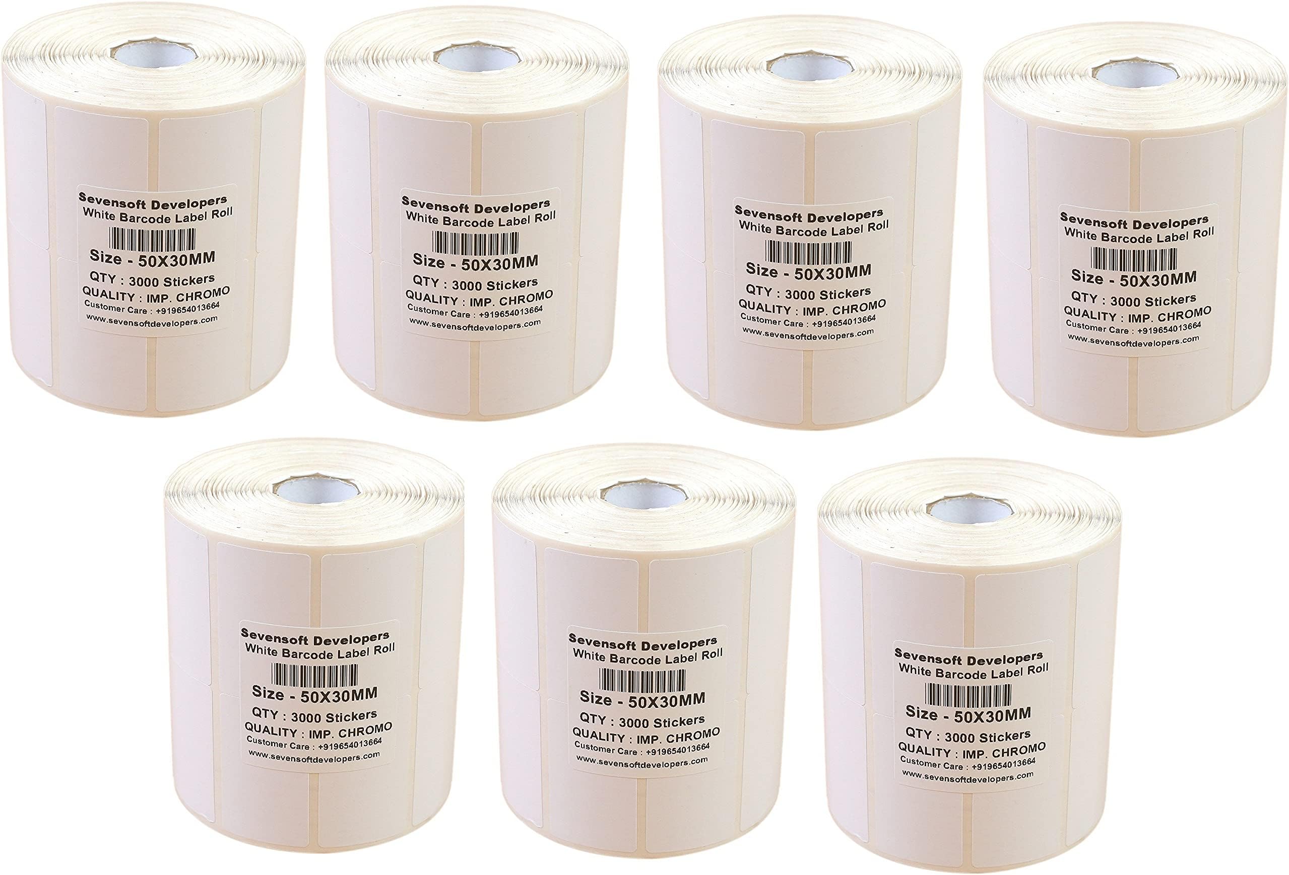 Sevensoft Developers 50X30MM Barcode Label Set of 7 Self-Adhesive Paper Label Shipping Ribbon, stiker tag (White)- 3000 Labels, Stickers in per Roll