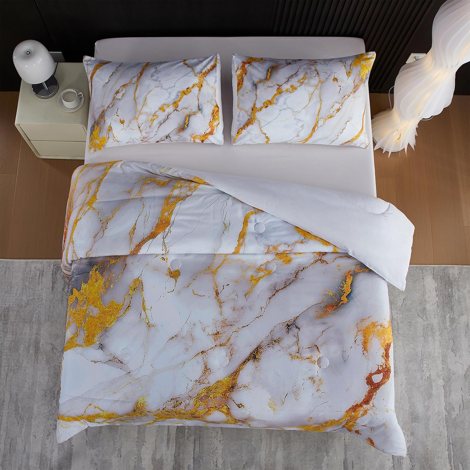 Holawakaka White Gold Marble Print Bedding Comforter Set Queen Size Marbled Bed Sets 3 Pieces (White Gold, Queen) - Image 3