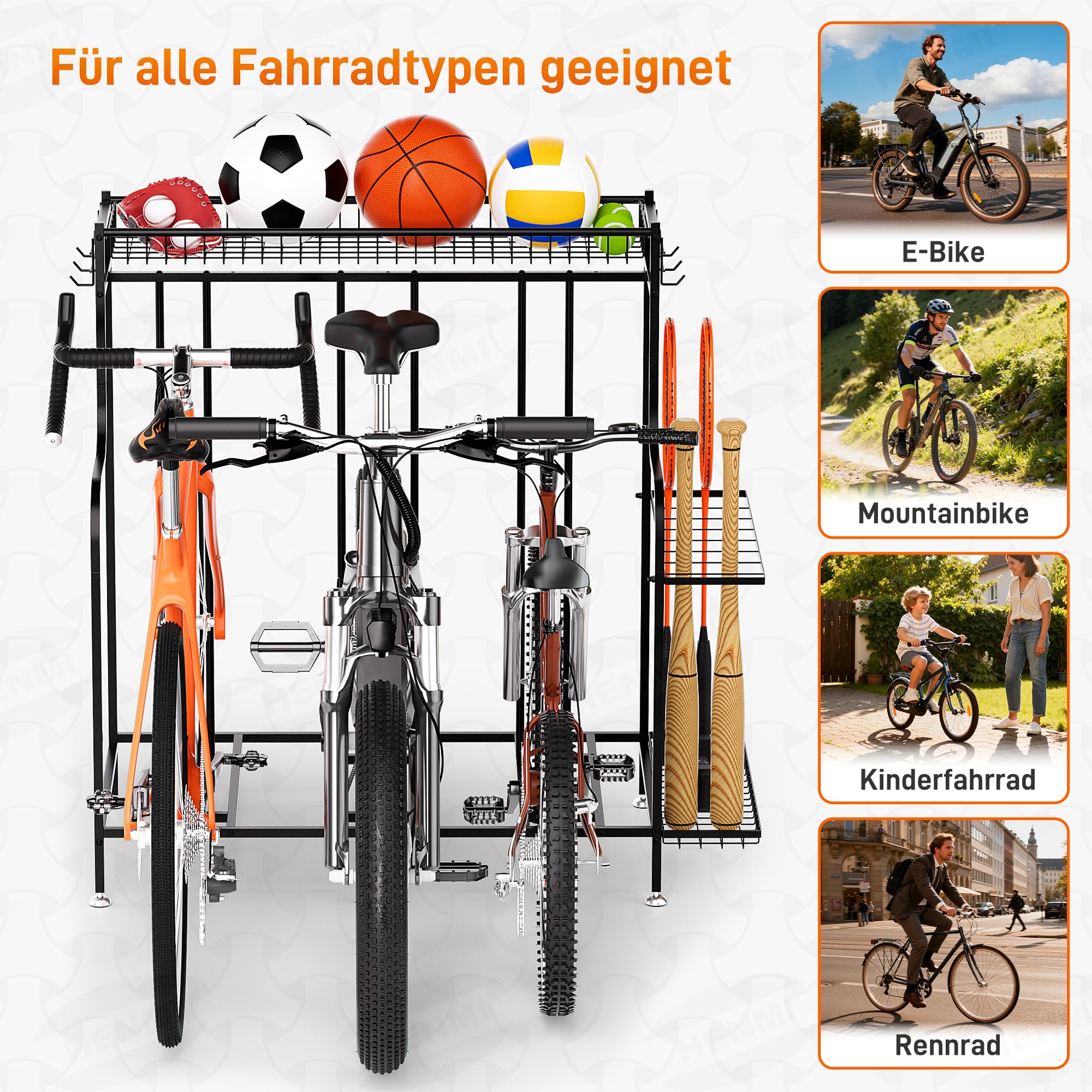 HENMI Fahrradständer Boden für 3 Fahrräder mit Korb und Haken | Einfach zu Montieren, Geeignet für E-Bike, Mountainbike und Rennrad