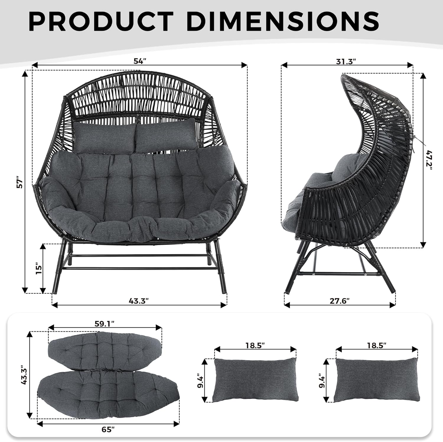 IRONCK Egg Chair Outdoor, Double Wicker Egg Lounge Chair, Upgraded Feet, Handrest and Padded Cushion, 700Lbs, Oversized Loveseat for Backyard, Patio, Living Room, Gray