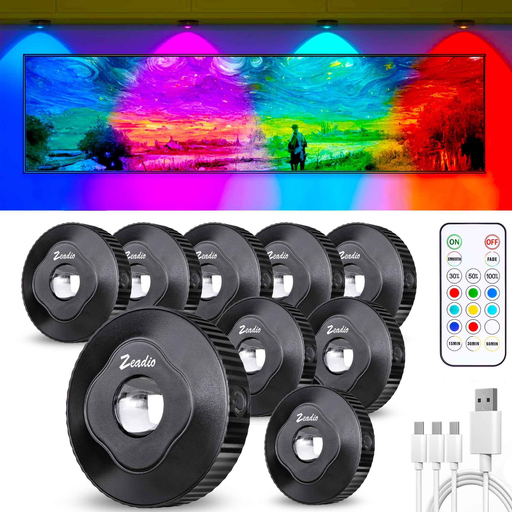zeadio Puck Cabinet Lights with Remote Control, Rechargeable LED Under Cabinet Lighting Stick on Tap Push Dimmable Push Lights for Living Room, Bedroom, Storage Room, Kitchen etc (Pack of 9)