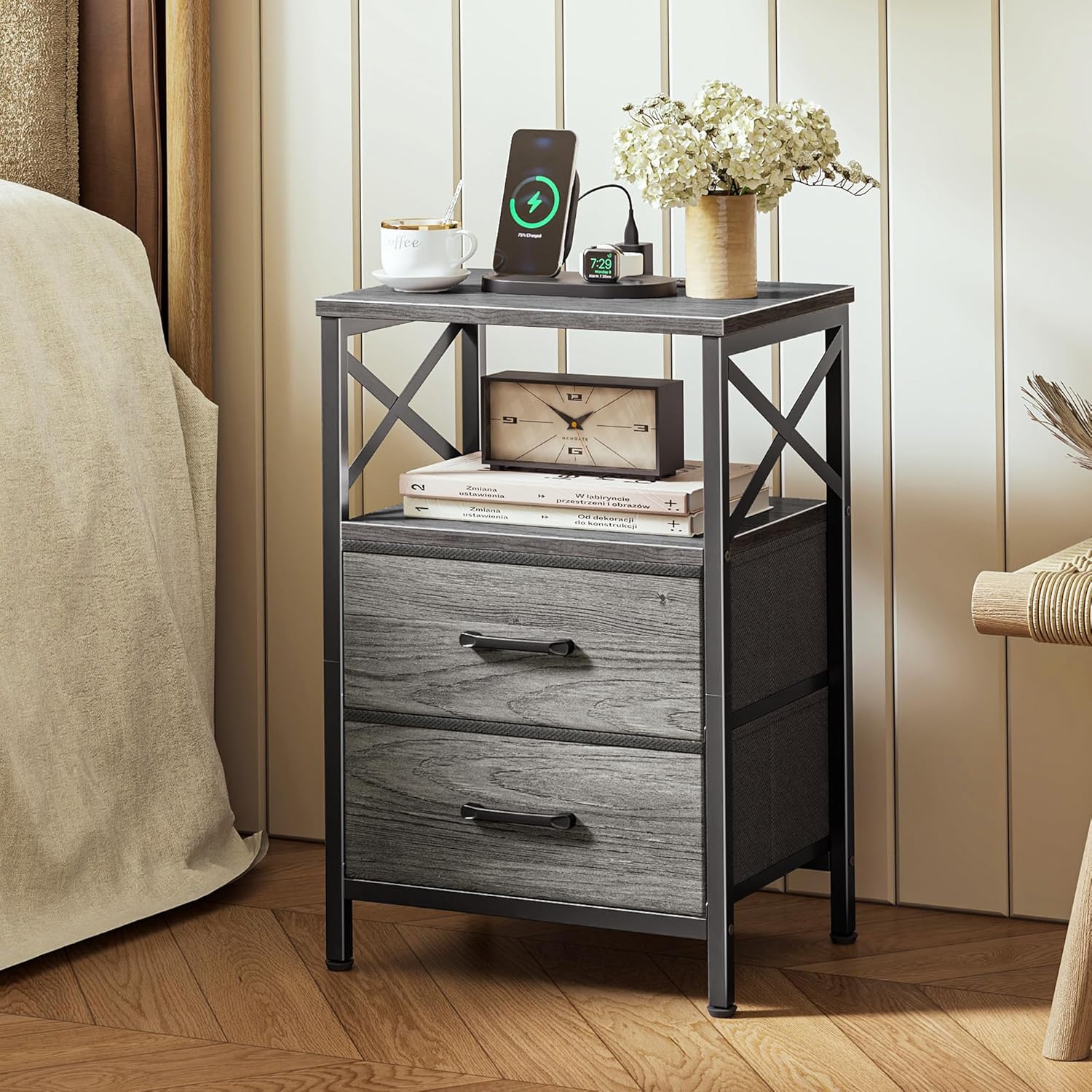 huuger night stand with charger station, 2 drawer nightstand with open shelf, bed side table with usb-c port, end table, compact size for small spaces, x shaped side rail, grey 1 grey