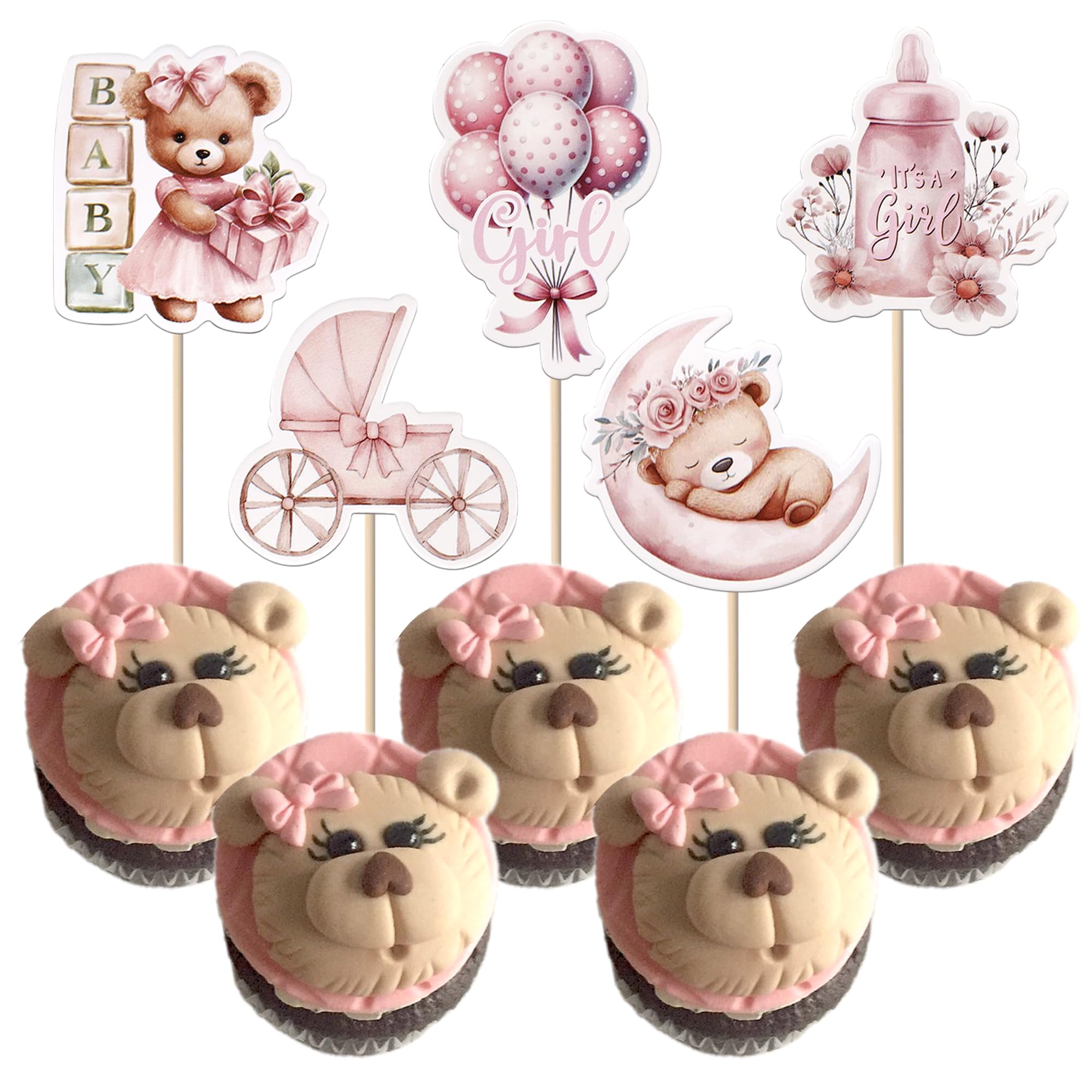 SYKYCTCY 40 Pack Baby Bear Cupcake Toppers It's a Girl Cupcake Picks Pink Moon Baby Stroller Bottle Balloon Cake Decorations for Gender Reveal Theme Baby Girl Birthday Party Supplies