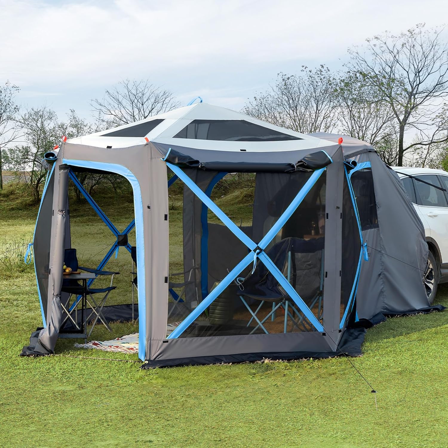 JOYTUTUS Dual-Use Pop up SUV Tent for Camping, 10FT x 10.5FT Big Space 2 Rooms Car Tent for Family, Outdoor Gazebo with 4 Sides Screen, 2 Doors, Portable Carry Bag, Gray Blue