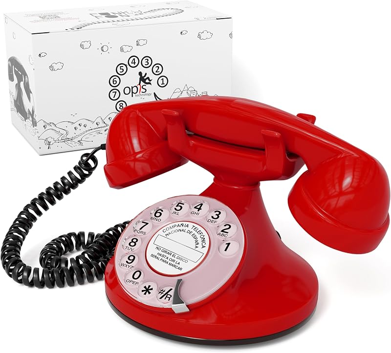Opis FunkyFon Cable: El Teléfono Fijo Retro Vintage, un Teléfono Antiguo y Clásico para tu Casa Rojo
