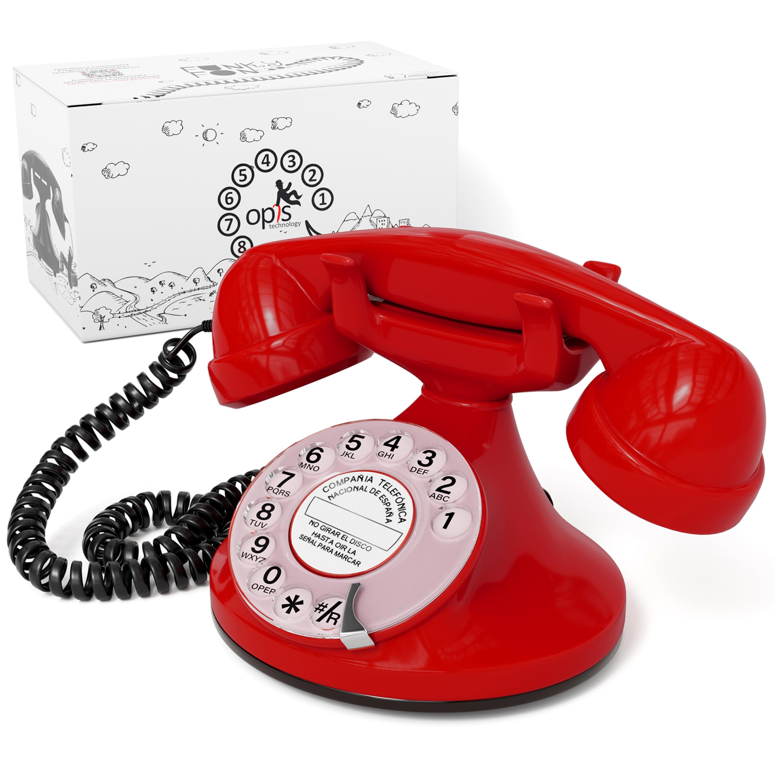 Opis FunkyFon Cable: El Teléfono Fijo Retro Vintage, un Teléfono Antiguo y Clásico para tu Casa Rojo