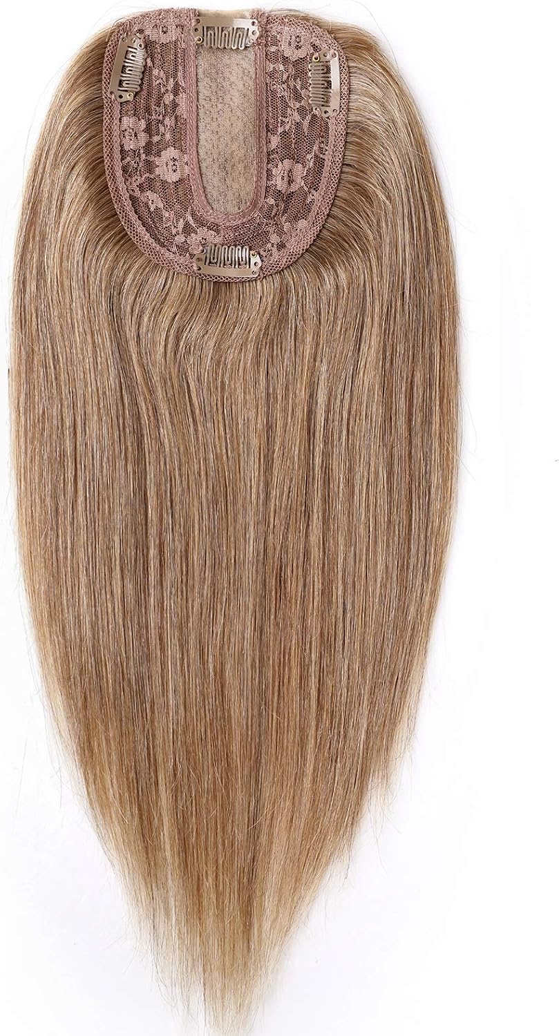 Silk-co 14inch Hair Topper for Thinning Hair Women Clip in Real Remy Human Hair Extensions Top Piece Base Size 10 * 12cm Silk+Lace Base (#27 Dark Blonde) - Image 3