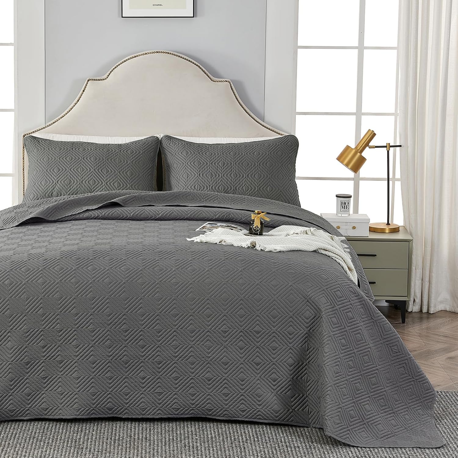 Qucover Quilted Bedspreads King Size, 3Piece Breathable Polyester Dark