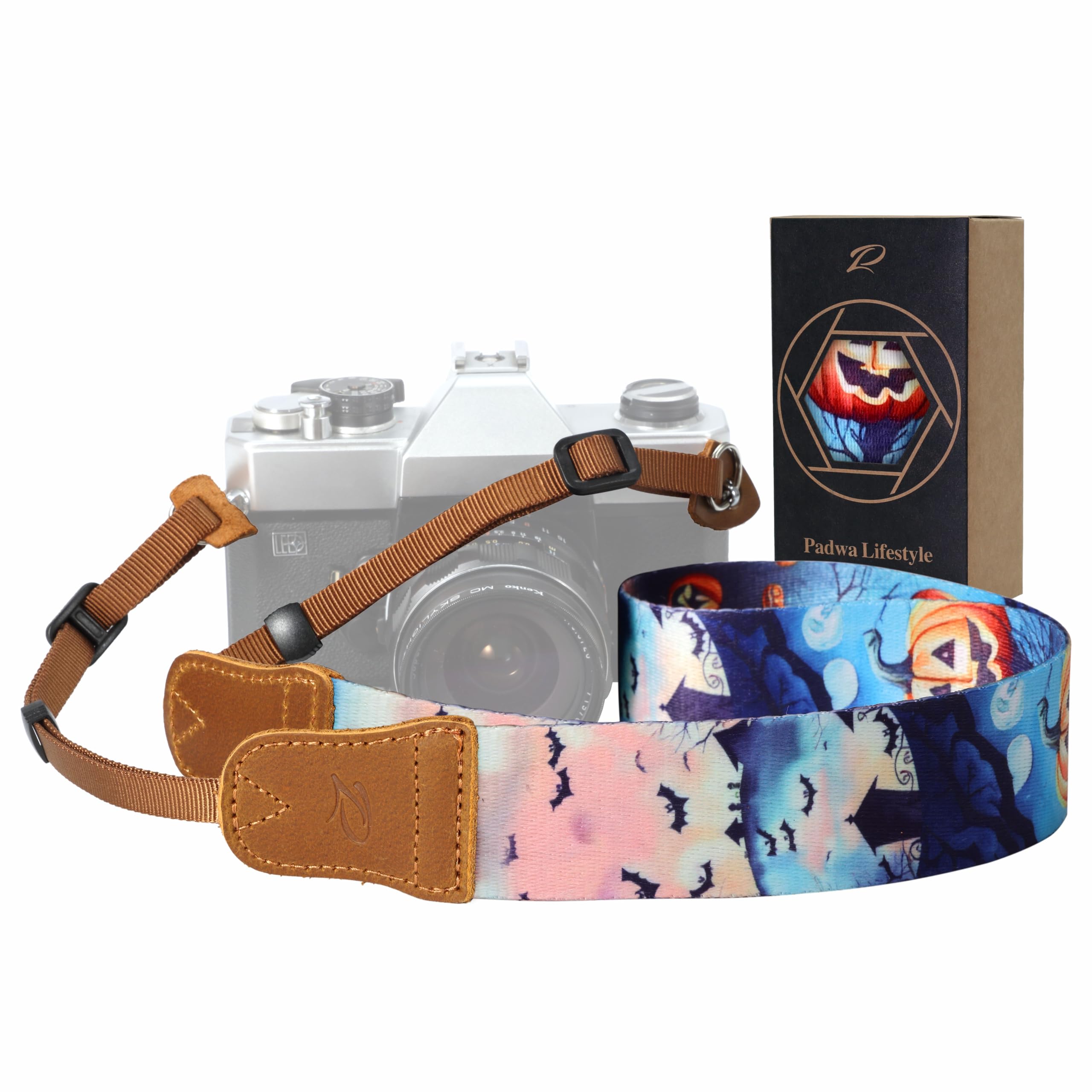 Padwa Lifestyle Halloween Pumpkin Camera Strap - Vintage Crazy Horse Cowhide Head,1.5" Soft Cute Camera Straps for Photographers Gift,Nylon Print Adjustable Strap for Camera and Binoculars
