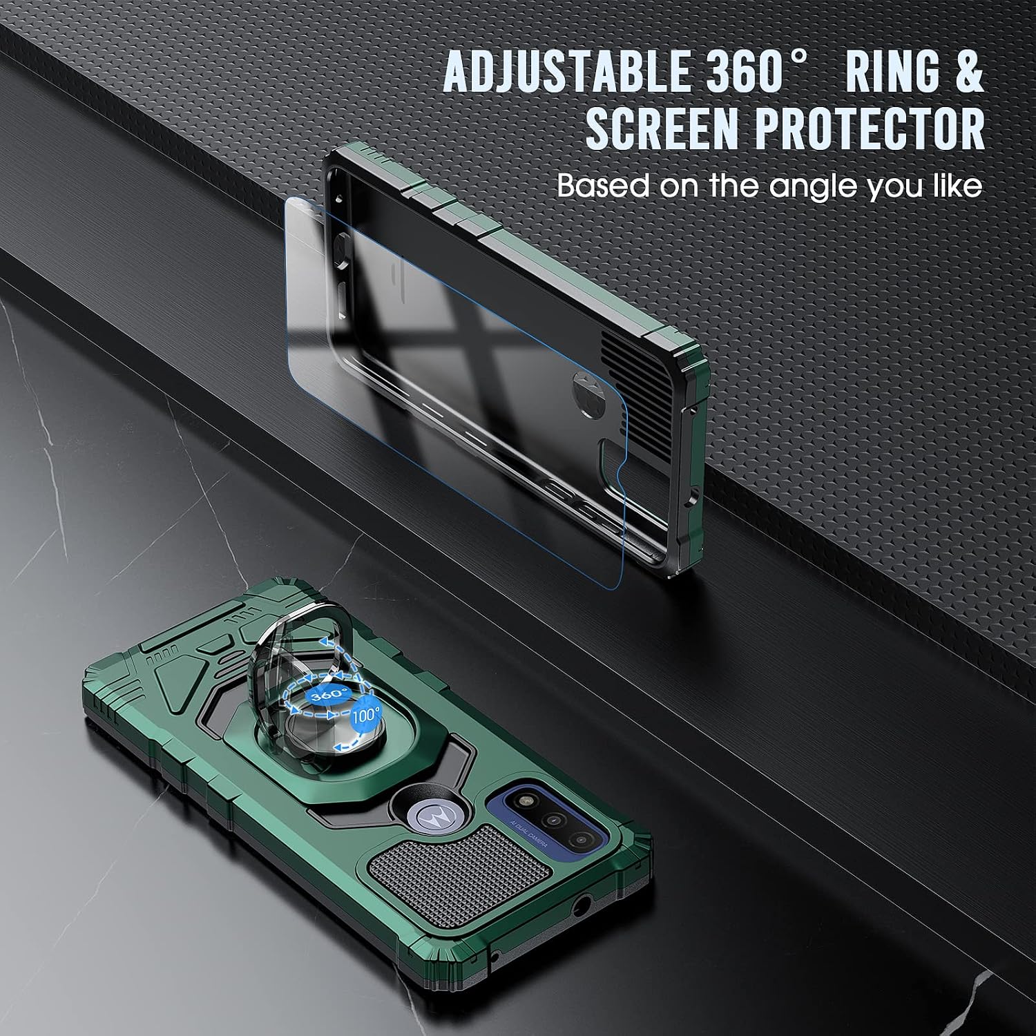 for Motorola Moto-G Pure Case: with Tempered Screen Protector & Built in 360° Adjustable Ring Kickstand Shockproof Protection TPU Bumper Armor Design Phone Cover for Moto G Pure - Pine Green