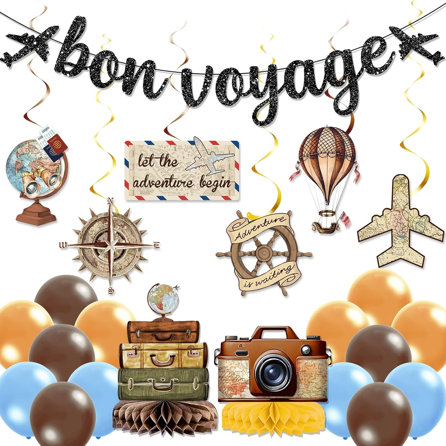 29PCS Bon Voyage Party Decorations - Bon Voyage Banner Hanging Swirls Centerpieces Balloons Travel Themed Party Decorations Let the Adventure Begin Decor