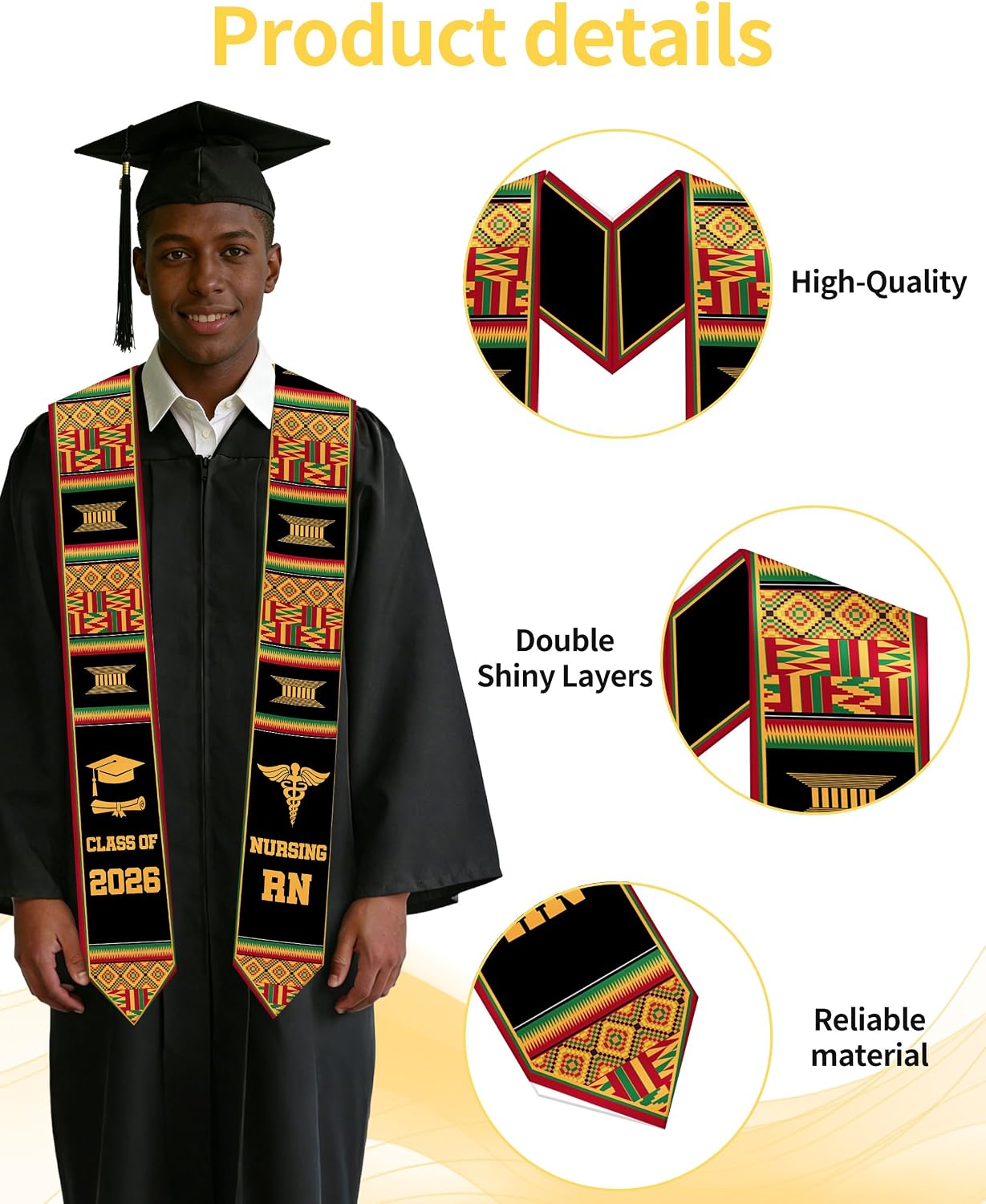 African American Graduation Stole 2026, Black Graduation Kente Sash, Nursing Stoles for Black Men Women Adults