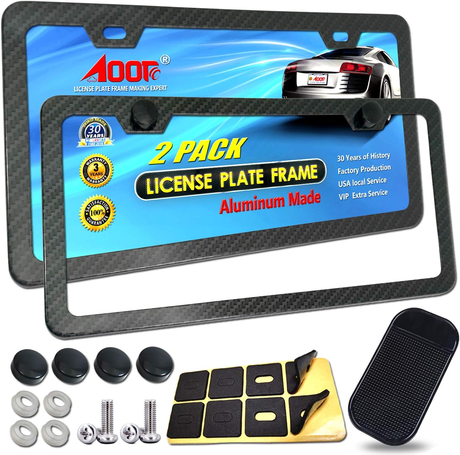 Aootf License Plate Frames Carbon Fiber- 2 Pack Black Aluminum Metal License Plate Holders Printing Carbon Fiber Pattern, 2 Hole License Plate Frame Kits, Fine Size Plate Frames for Women & Men