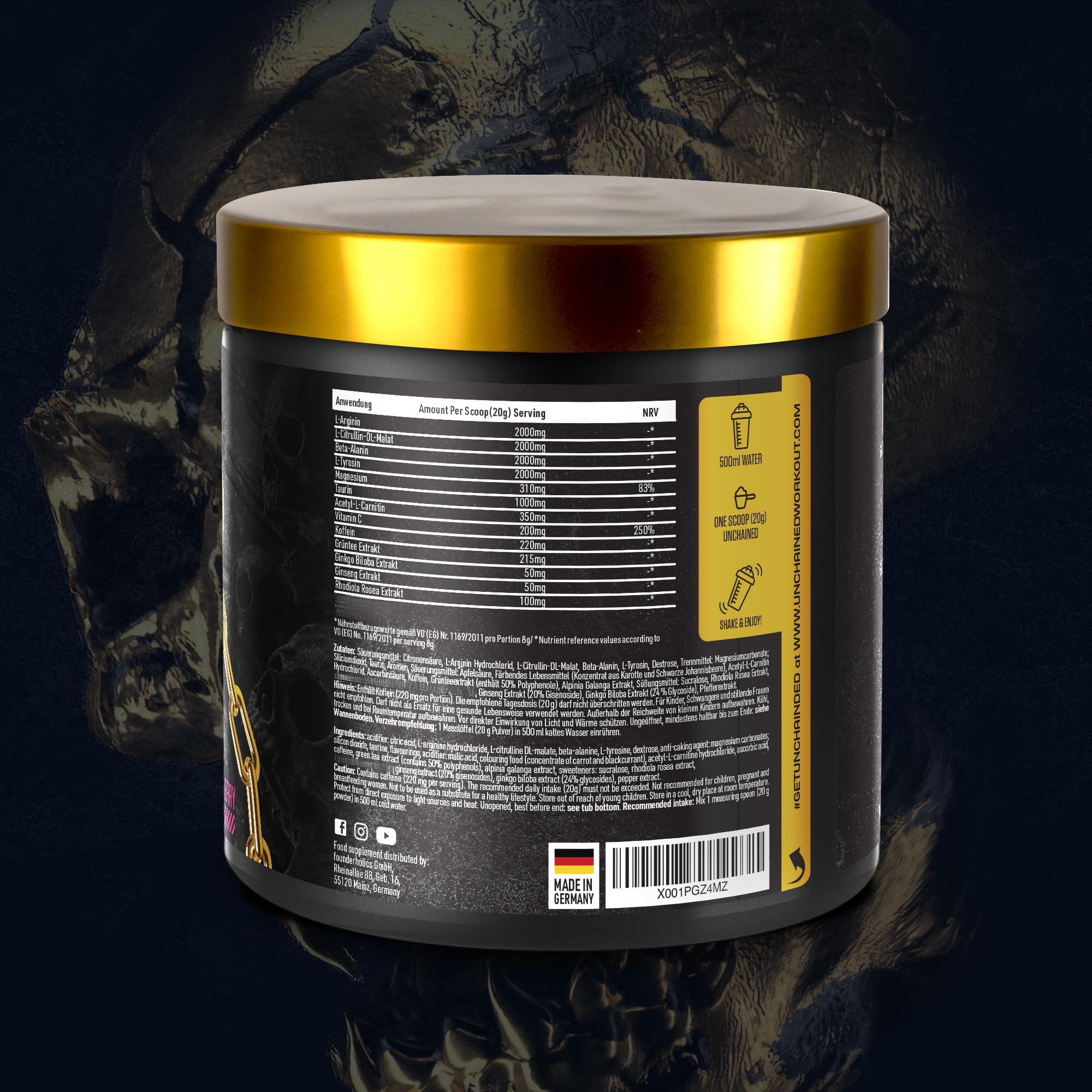 UNCHAINED Pre Workout Booster mit Koffein | 400 g | Fitness Drink mit L-Arginin, L-Citrulin-Malat & Beta-Alanin | Preworkout Booster für 100% Fokus, Pump & Energy | Fresh Cherry