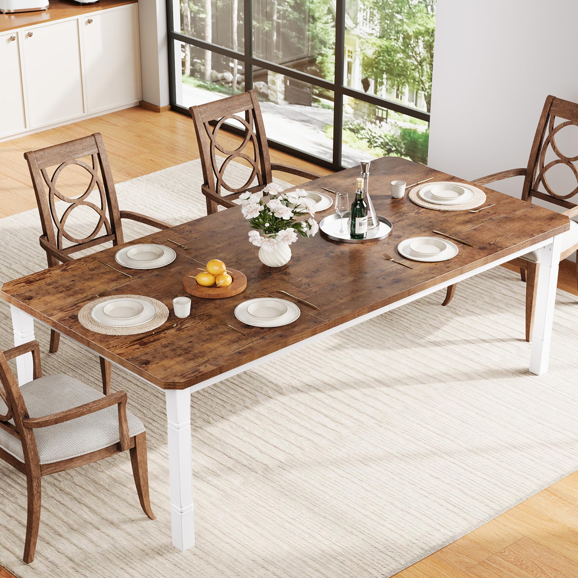 Garvee Large Dining Table for 6-8 People, 79" Wooden Kitchen Table with Sturdy Metal Frame, Dining Room Table for Dining Room, Kitchen, White Leg &